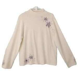 Emma James Sweater Pullover Mock Neck Embroidered Flowers & Beads Ivory - XL
